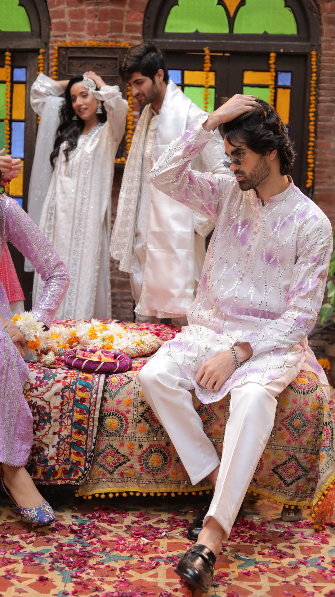 MR 83 Wite And Purple Chanderi Kurta for Groom And Pajama