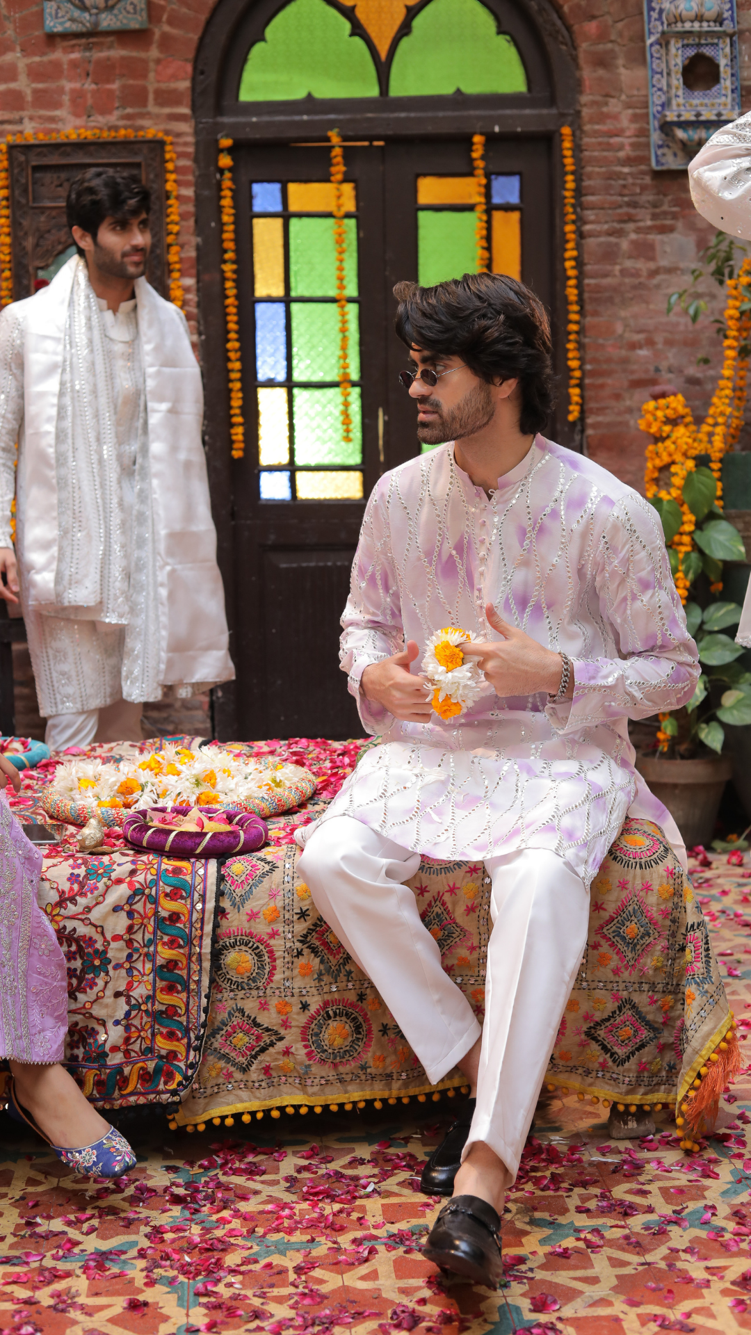 MR 83 Wite And Purple Chanderi Kurta for Groom And Pajama