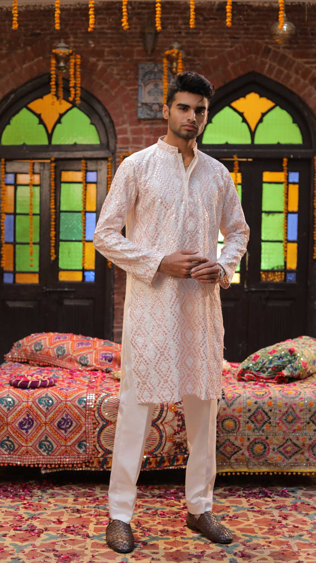 MR 79 Peach Chanderi Kurta For Men With Trouser