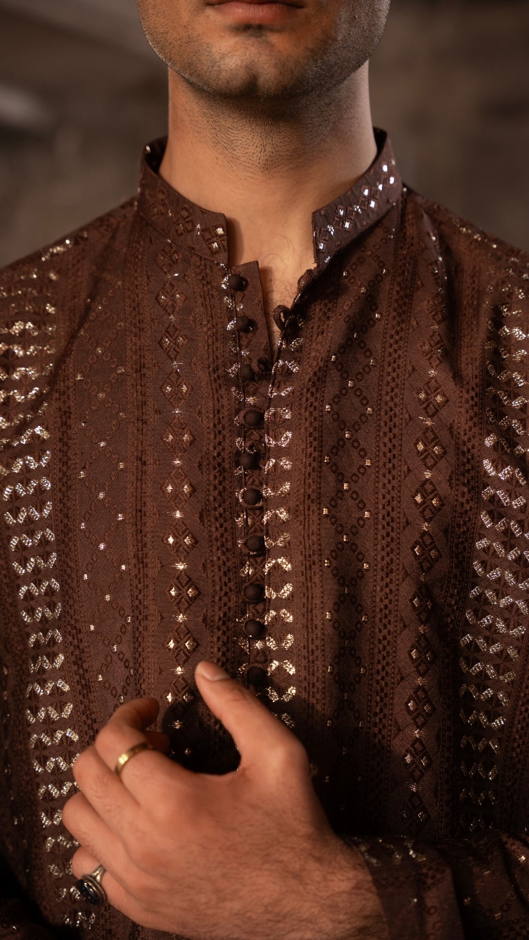 ER 664 Brown Kurta With Loop Buttons For Men With Trouser