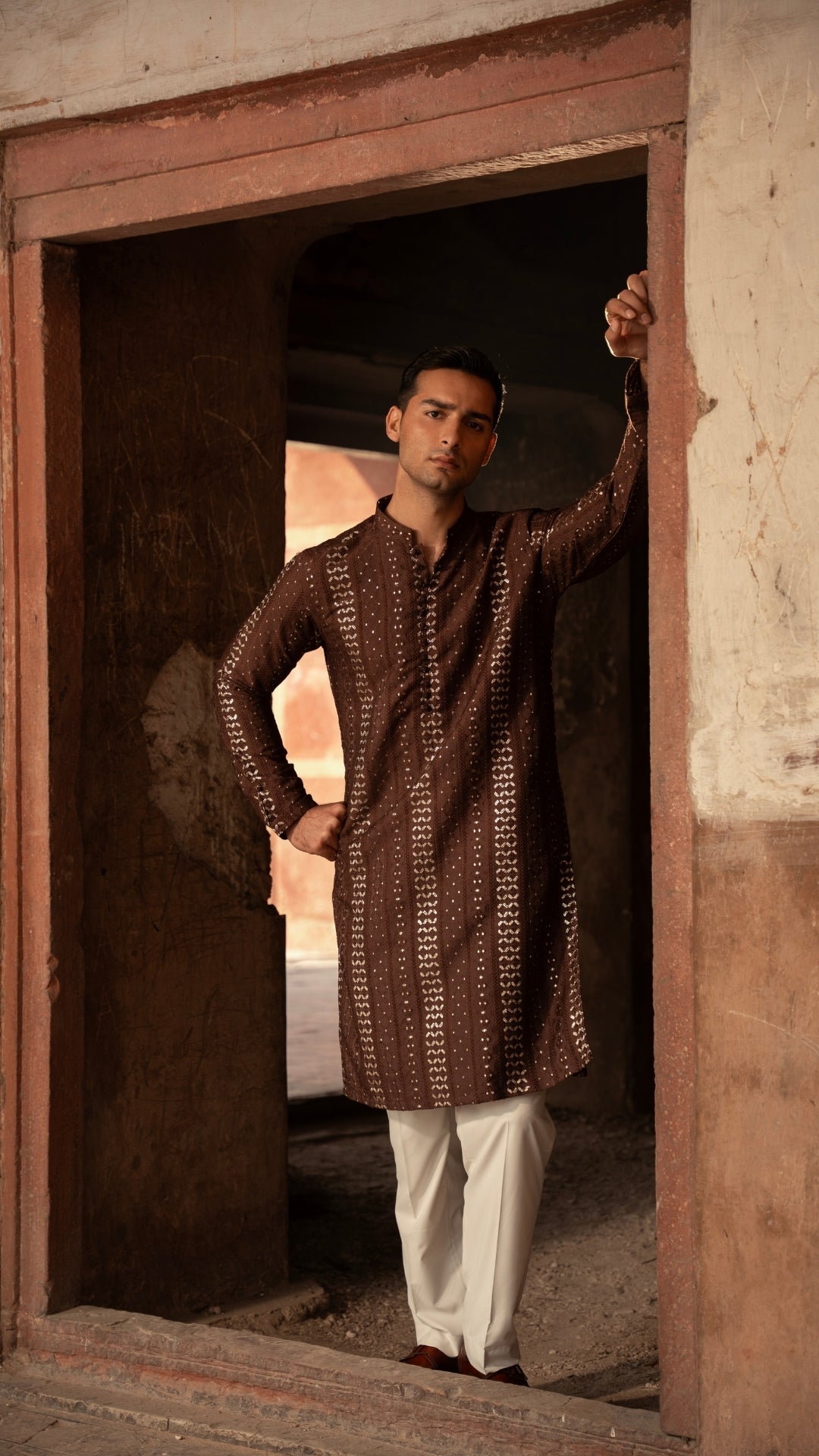 ER 664 Brown Kurta With Loop Buttons For Men With Trouser