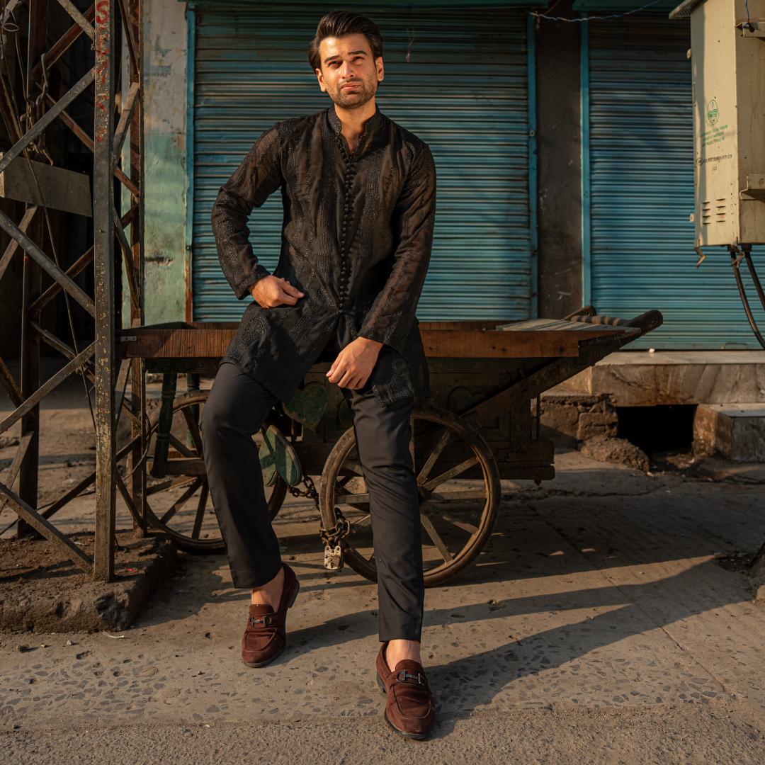 CK 756 Black Embroidered Short Kurta With Pajama