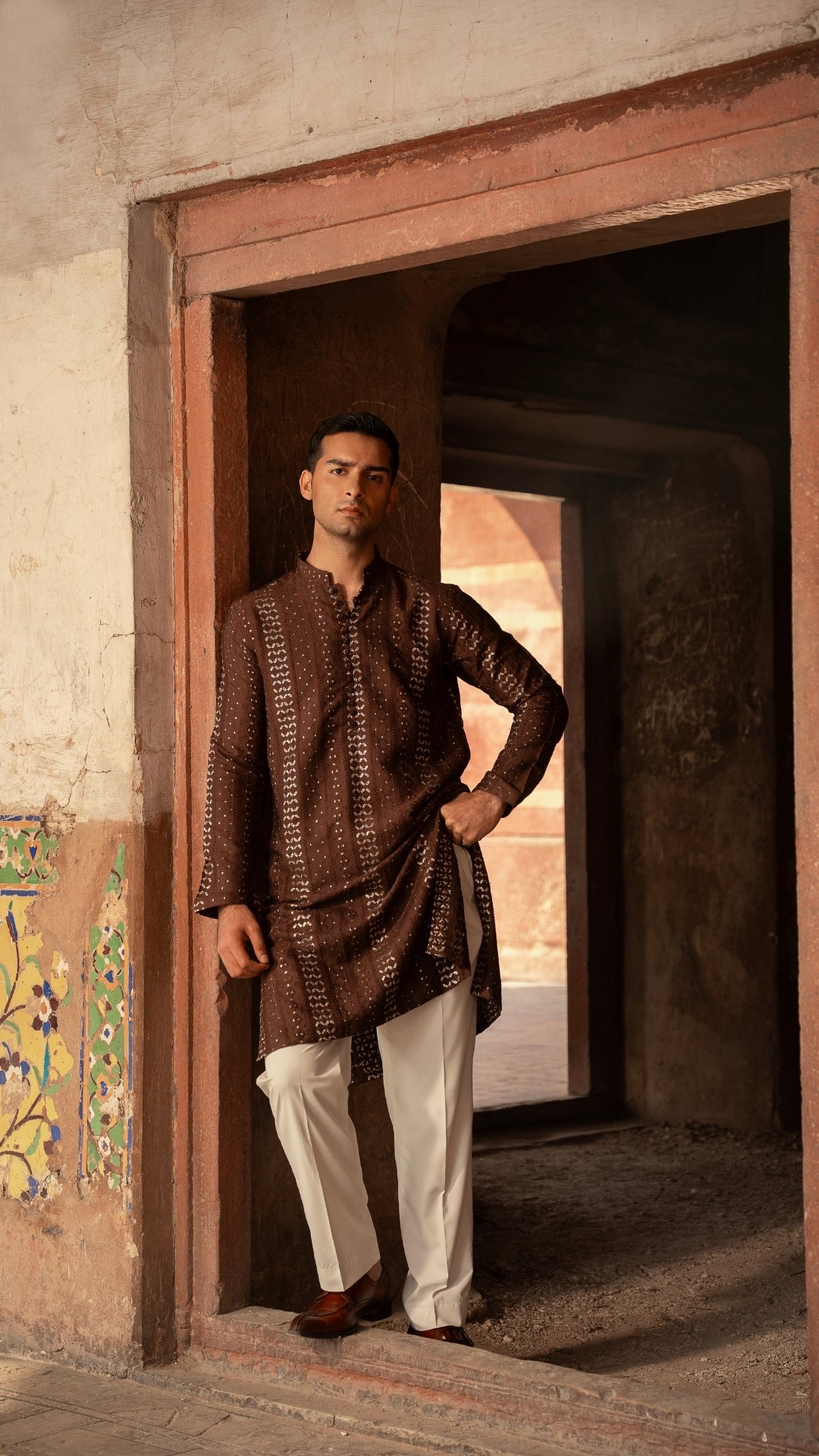 ER 664 Brown Kurta With Loop Buttons For Men With Trouser