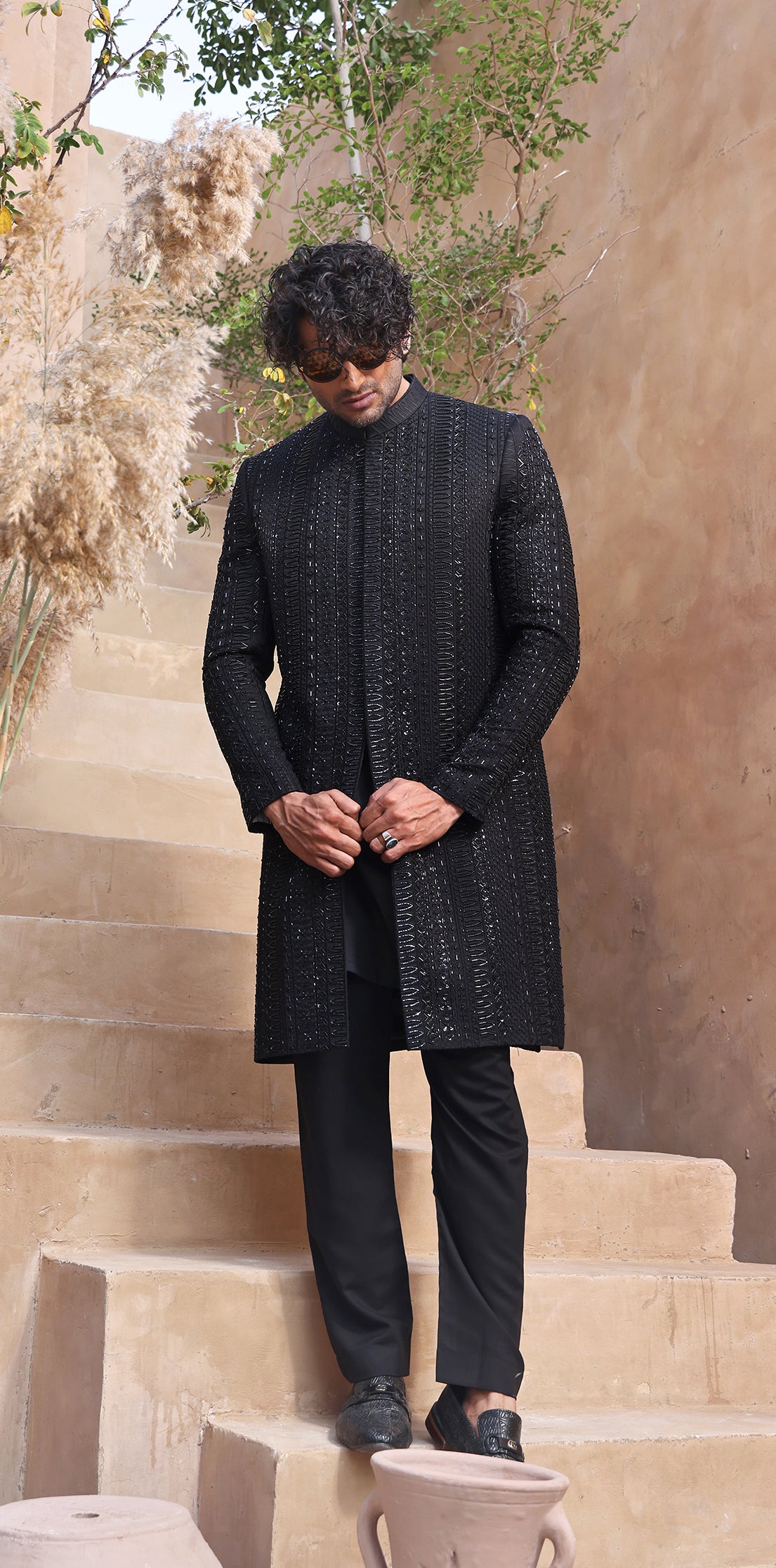 ER SH 102 Black Hand Work Sherwani For Groom