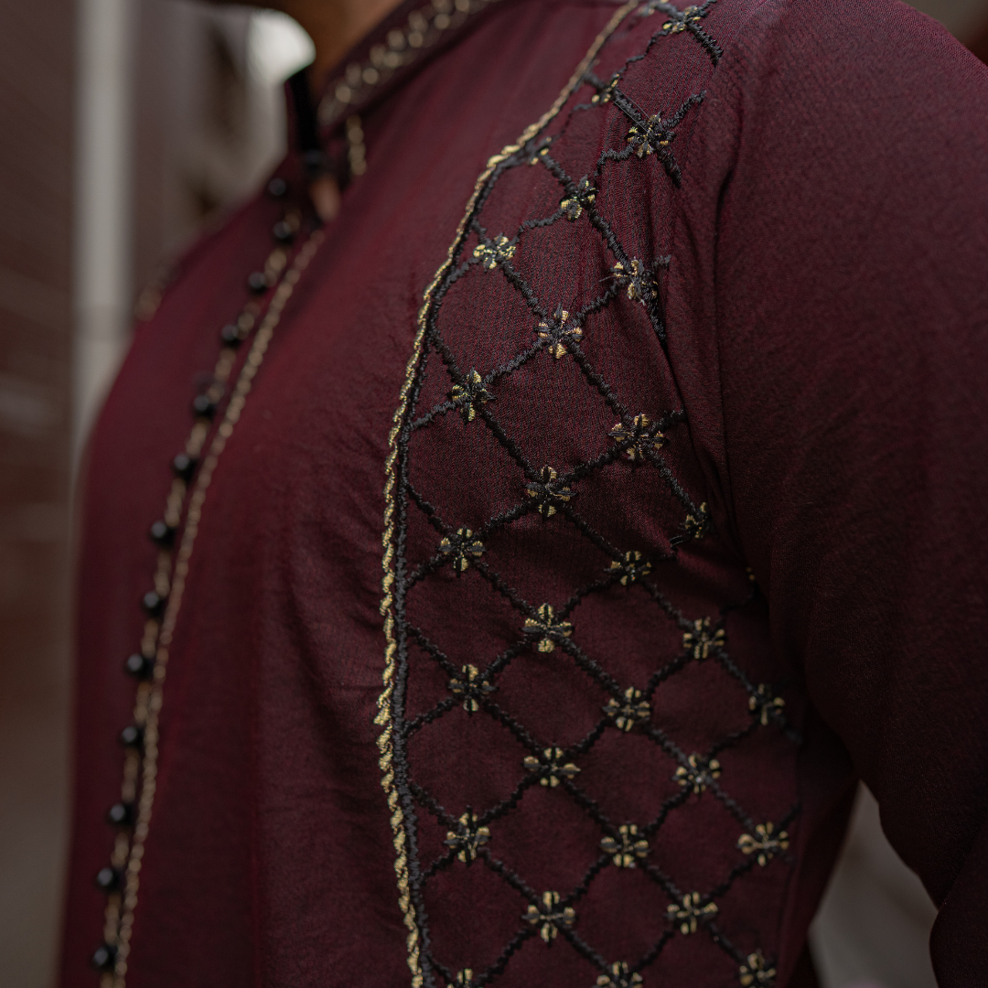 CK 753 Maroon Short Embroidered Kurta With Bell Bottom Trouser
