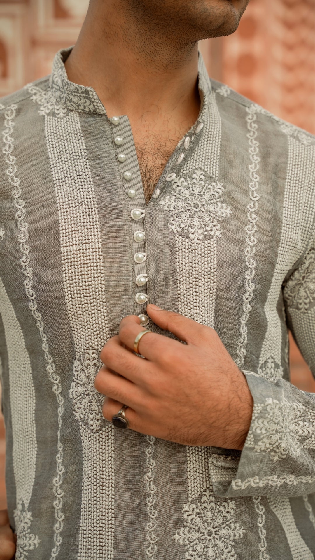 CK 738 Gray Chikankari Embroidered Kurta Pajama For Men