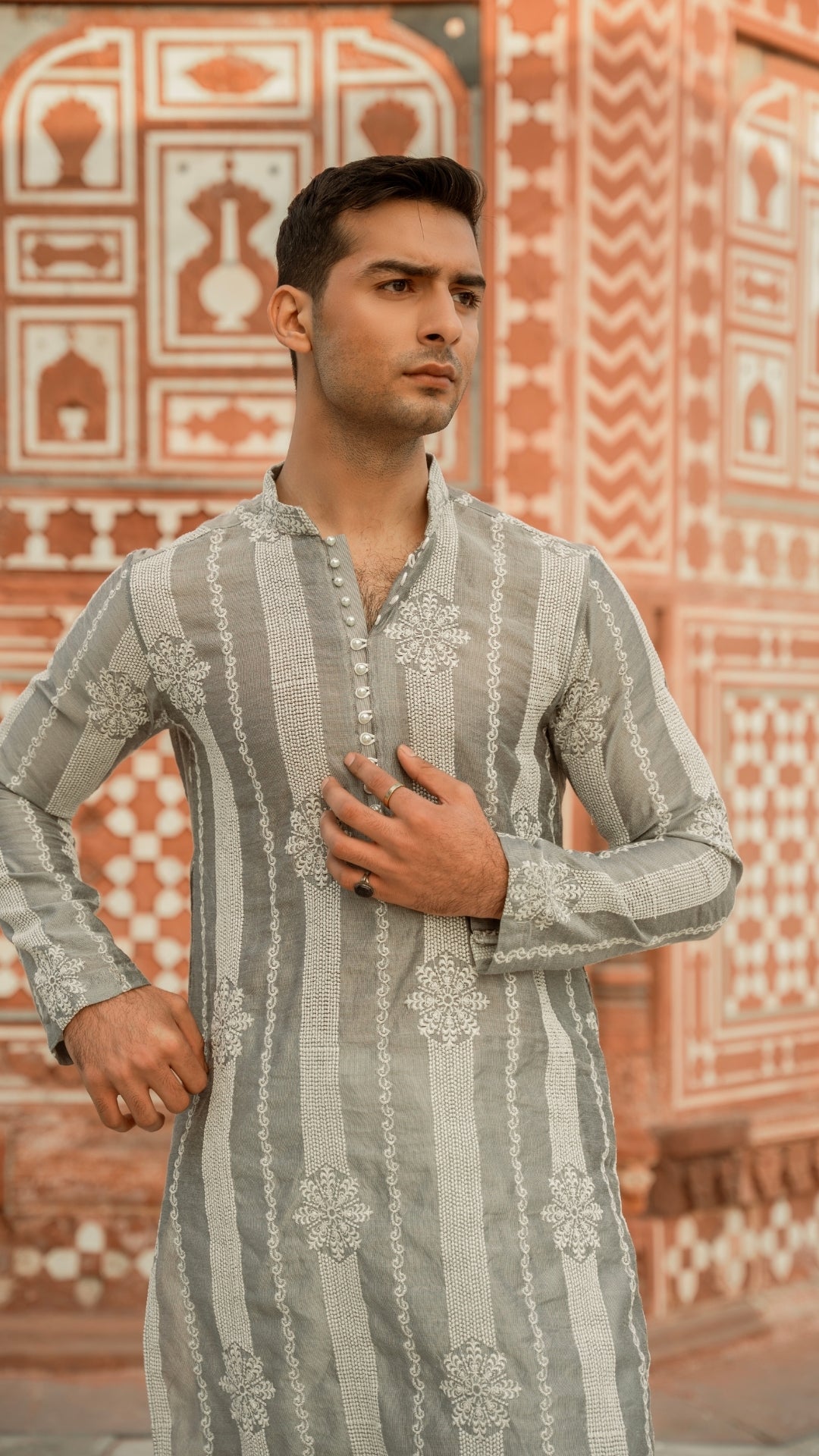 CK 738 Gray Chikankari Embroidered Kurta Pajama For Men