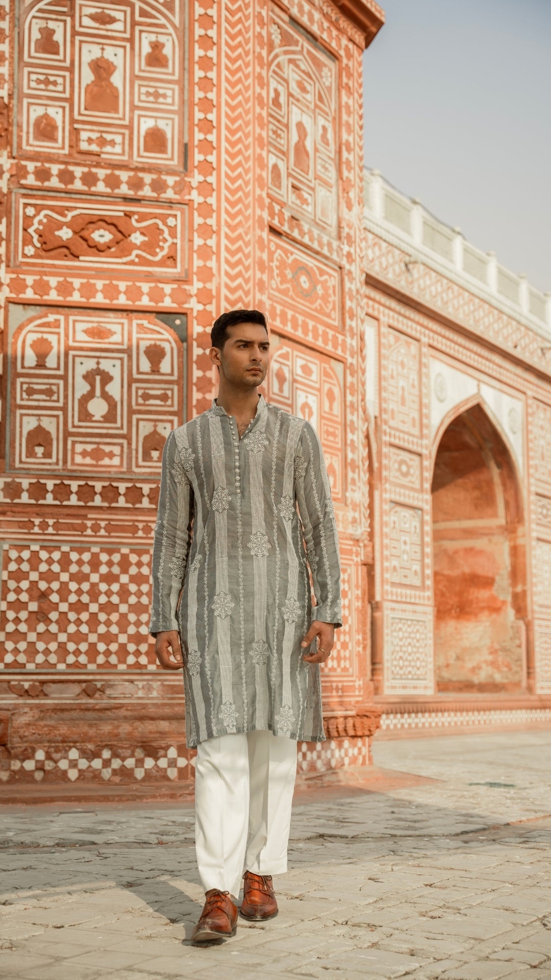 CK 738 Gray Chikankari Embroidered Kurta Pajama For Men