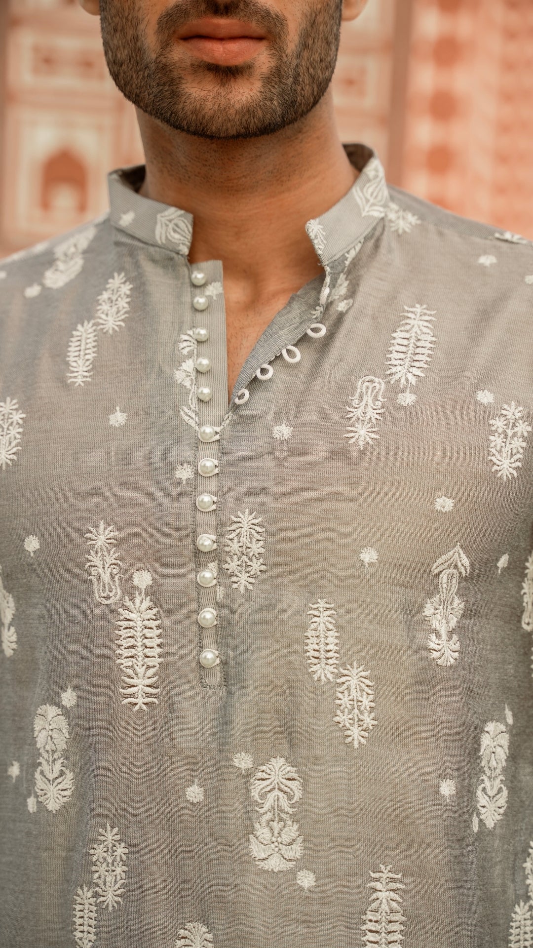 CK 737 Gray Chikankari Kurta With Loop Buttons & Trouser