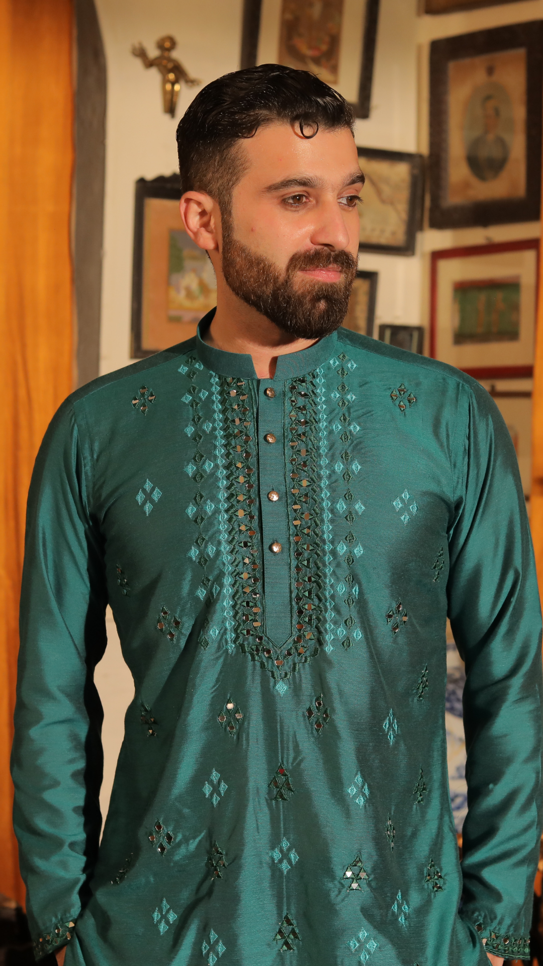 MR 71 Green Mirror Work Kurta Pajama For Groom