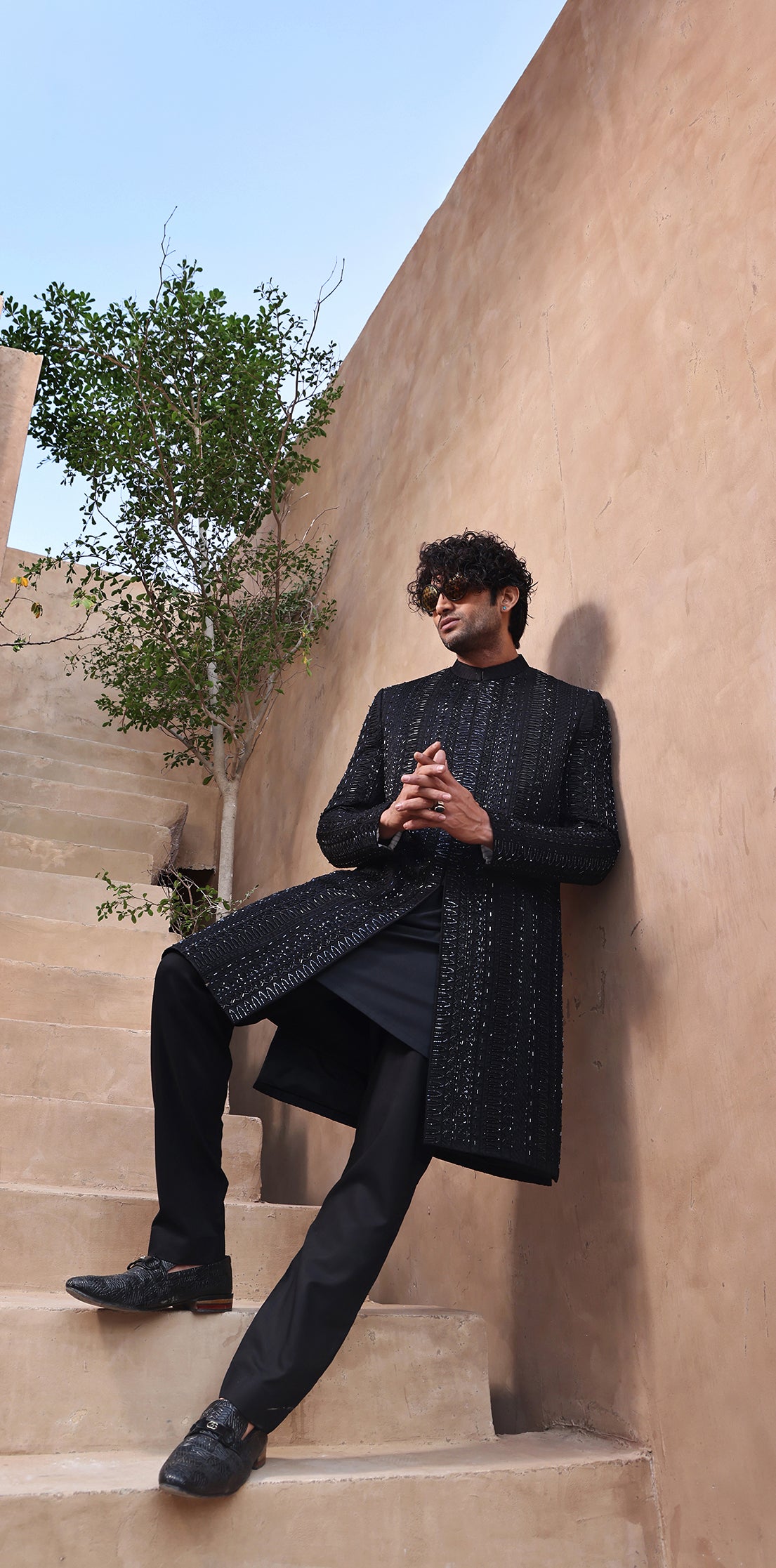 ER SH 102 Black Hand Work Sherwani For Groom