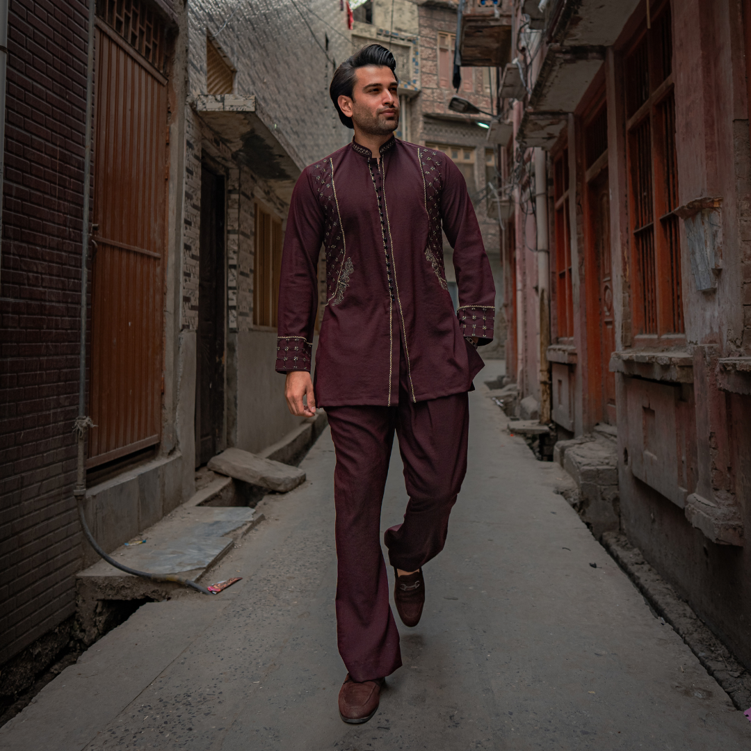 CK 753 Maroon Short Embroidered Kurta With Bell Bottom Trouser