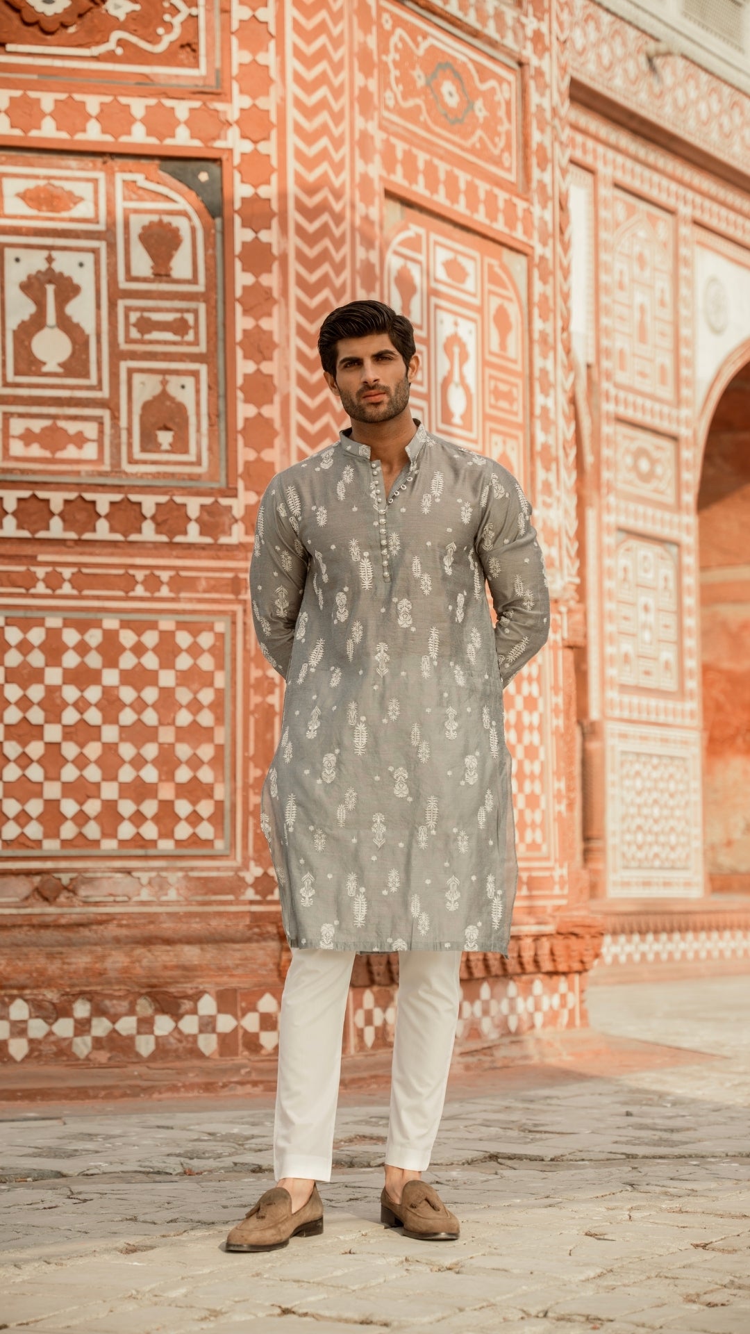 CK 737 Gray Chikankari Kurta With Loop Buttons & Trouser