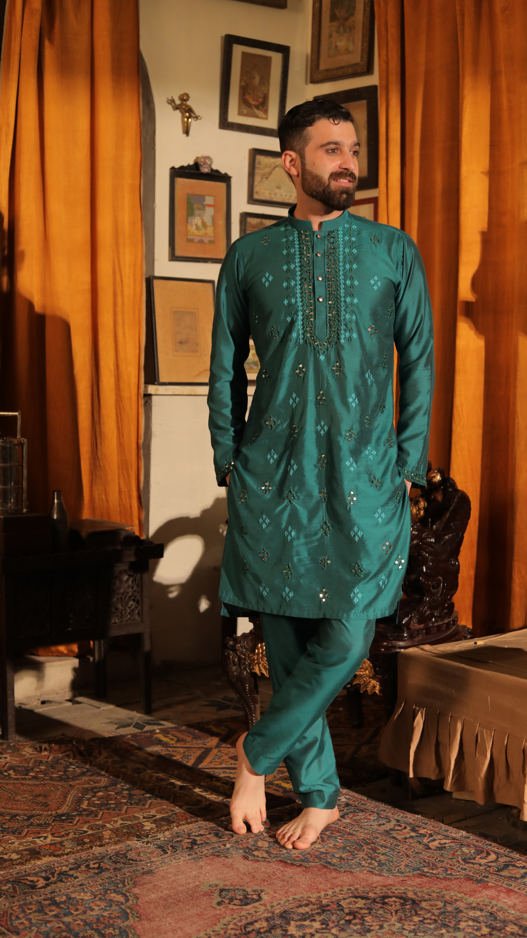 MR 71 Green Mirror Work Kurta Pajama For Groom