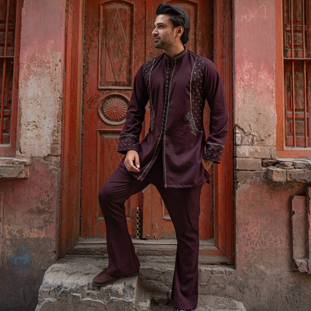 CK 753 Maroon Short Embroidered Kurta With Bell Bottom Trouser