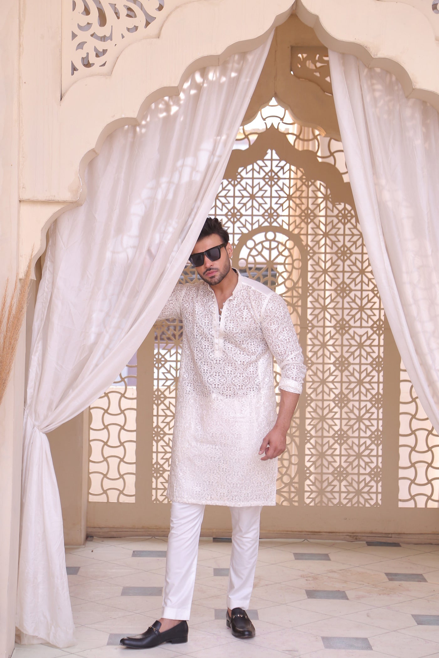 ER MR 40 White Chicken Kari See Through Fabric Kurta Pajama For Men