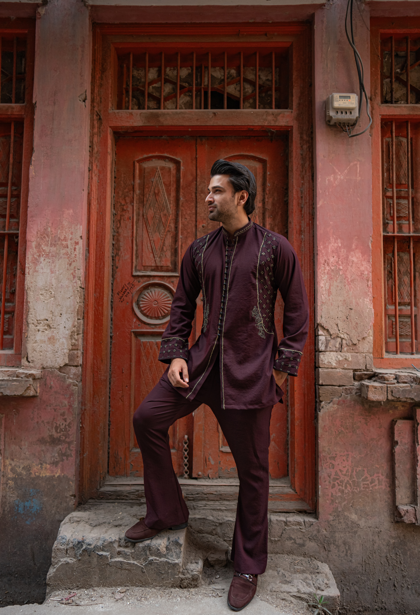 CK 753 Maroon Short Embroidered Kurta With Bell Bottom Trouser