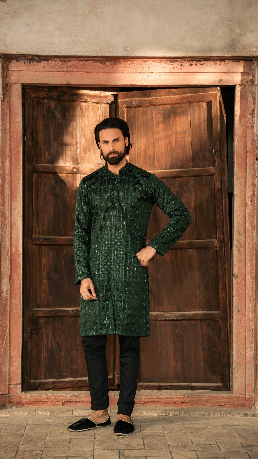 CK 733 Green Front Open Chickenkari Kurta And Trouser
