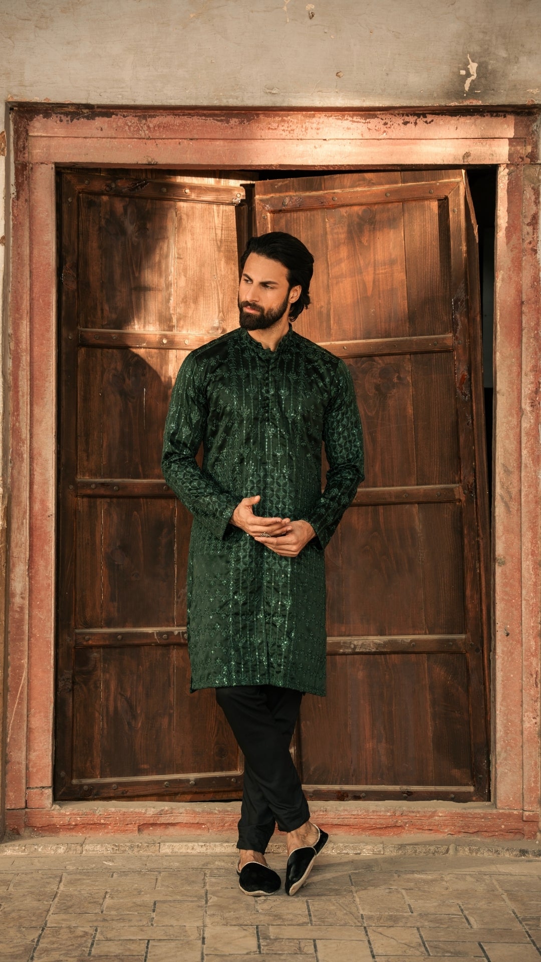 CK 733 Green Front Open Chickenkari Kurta And Trouser