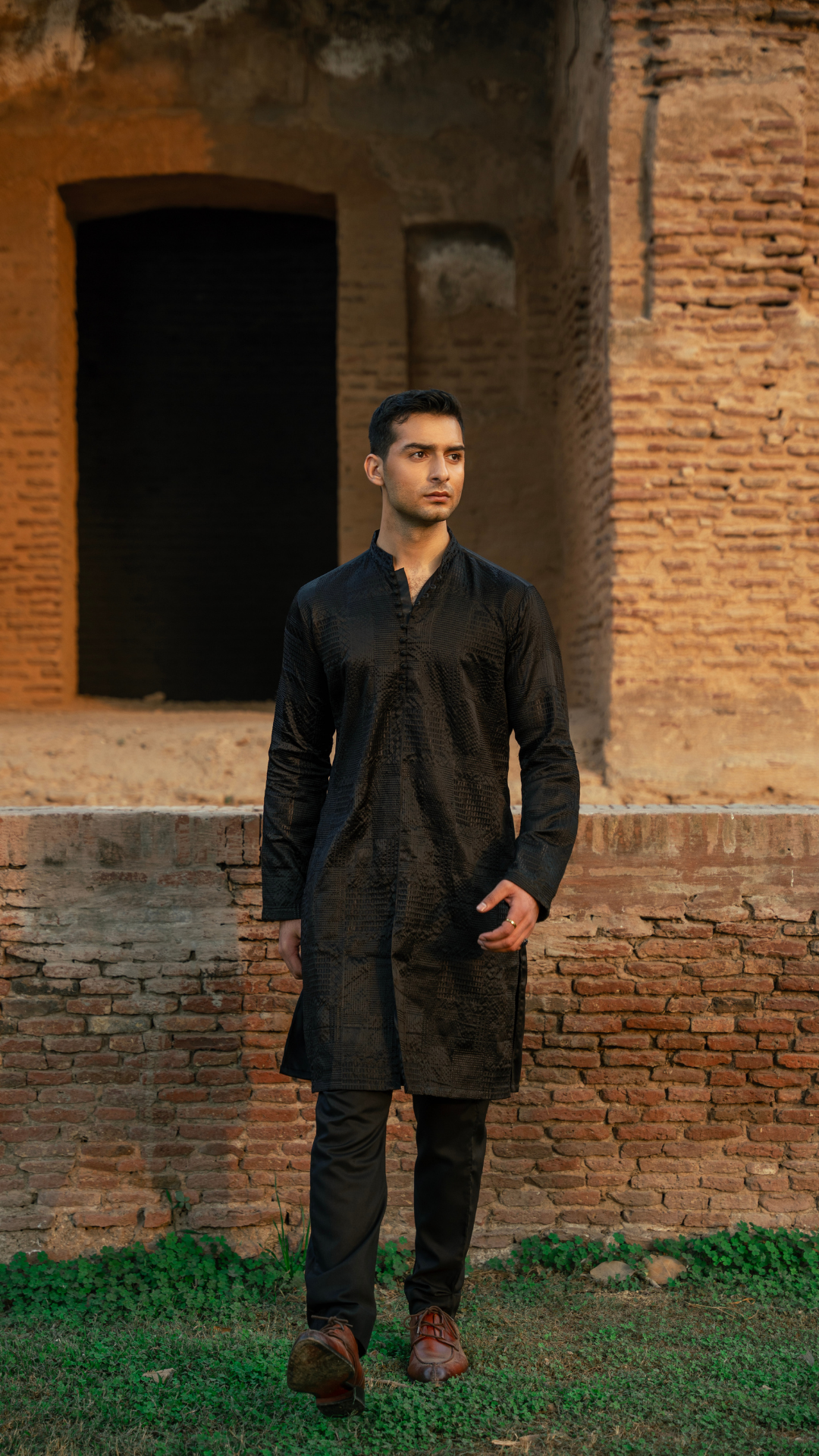 CK 743 Black Front Open Emb Men Kurta With Trouser