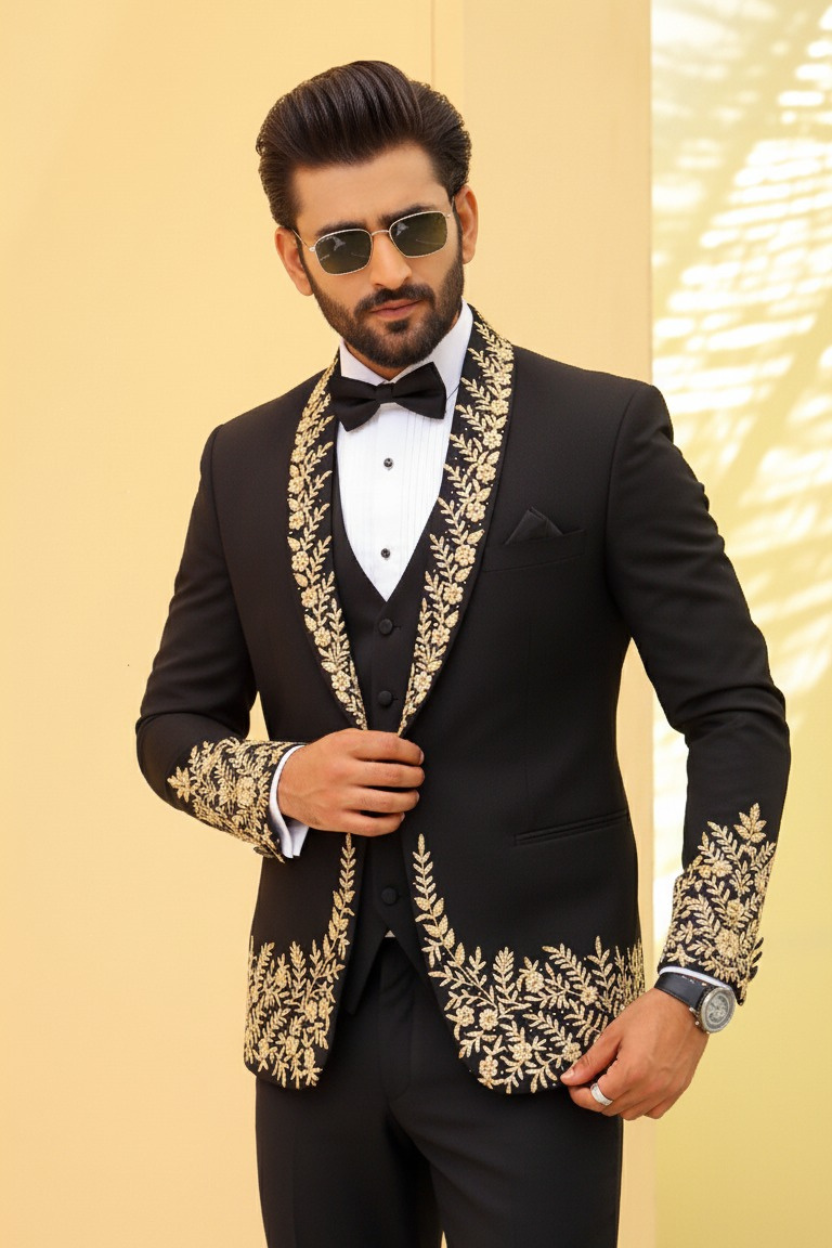 Black 3 Piece Hand Work Tuxedo