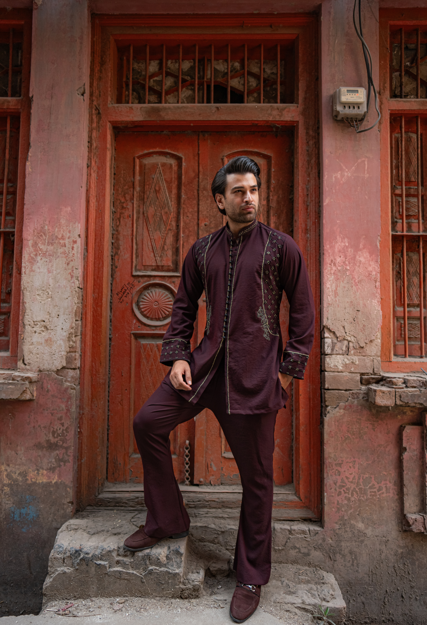CK 753 Maroon Short Embroidered Kurta With Bell Bottom Trouser