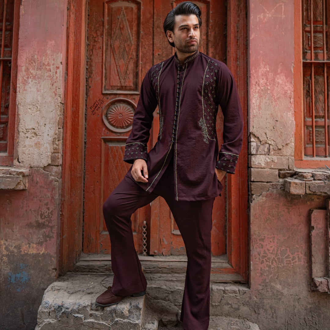 CK 753 Maroon Short Embroidered Kurta With Bell Bottom Trouser
