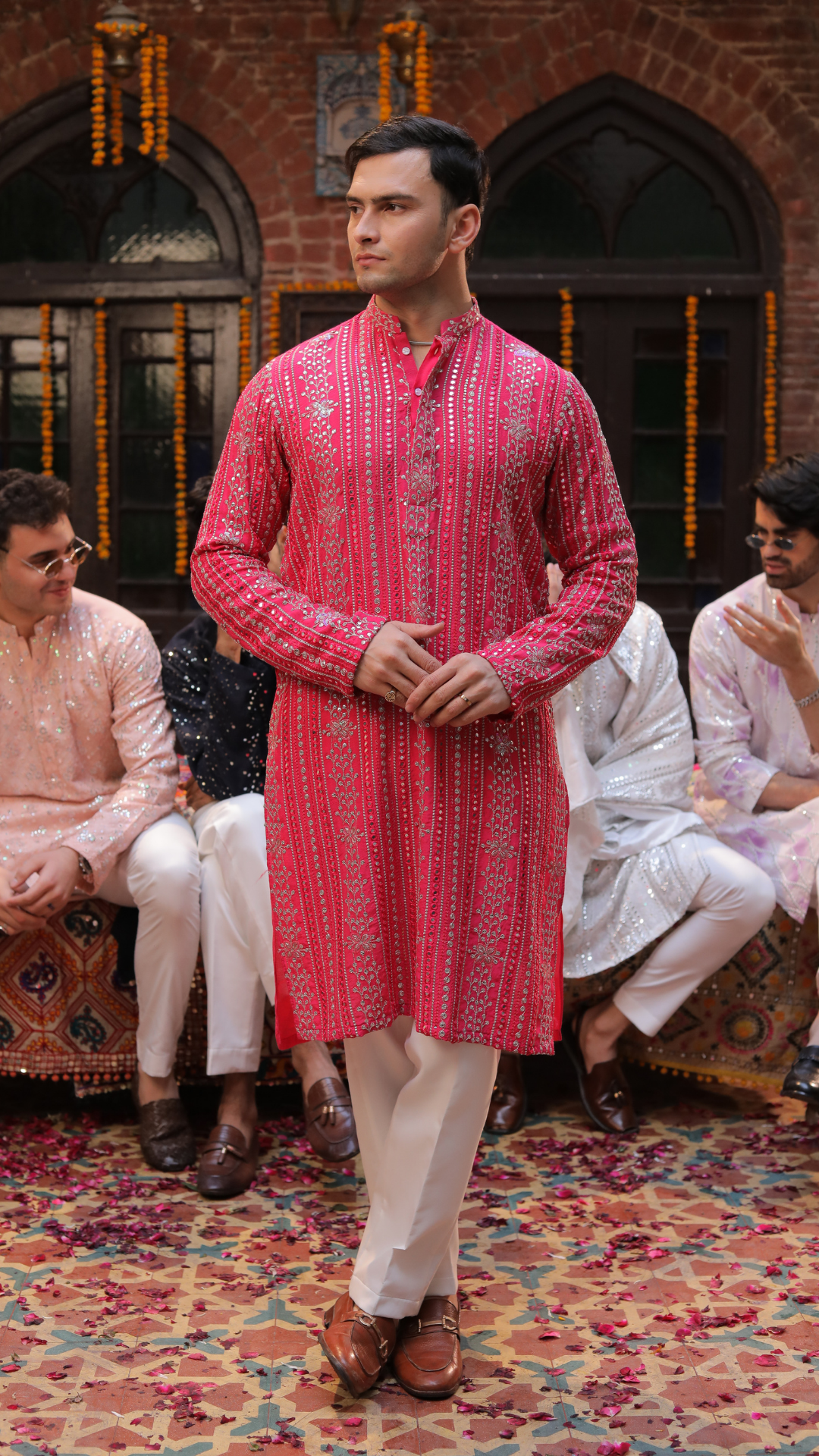 MR 73 Pink Embroidered Chanderi Kurta Pajama for Men