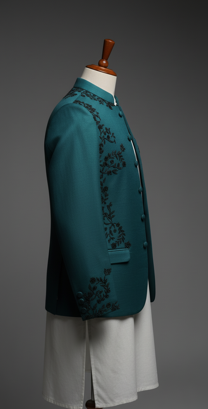 Green Emb Black Flower Prince Coat 