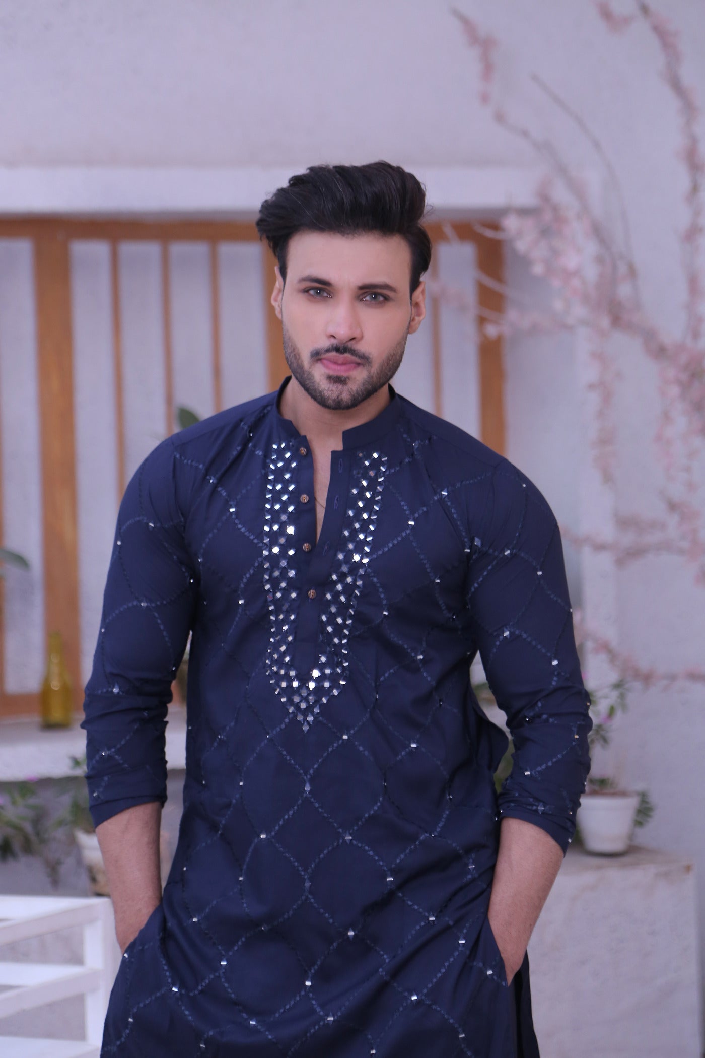 ER MR 50 Blue Mirror Work Self Cotton Silk Fabric Kurta Pajama Mirror Work For Men