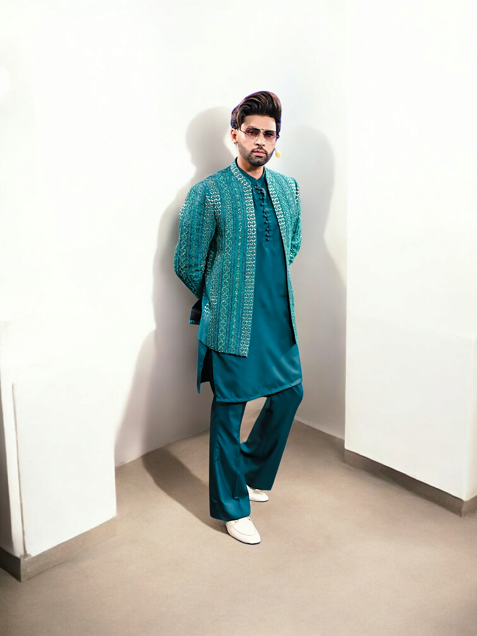 ER PC 3006 Peacock Green Prince Coat Front Open Hand Work For Men