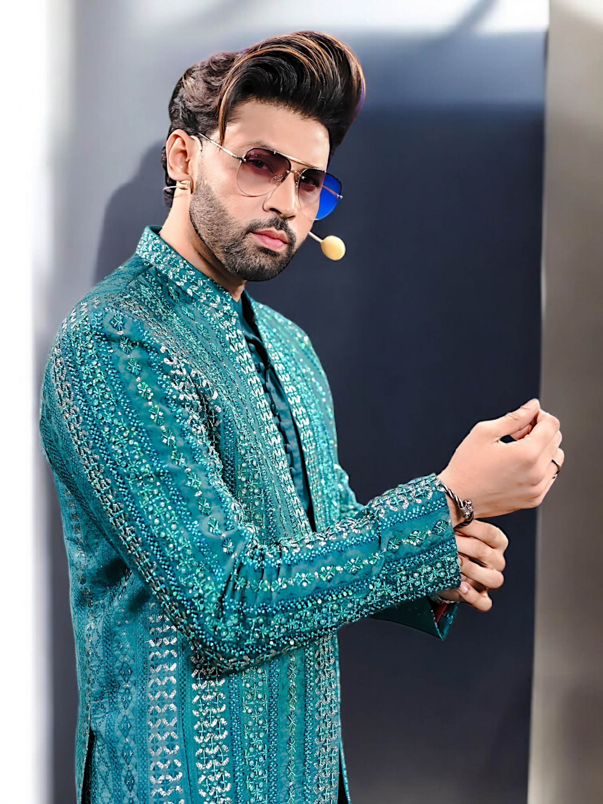 ER PC 3006 Peacock Green Prince Coat Front Open Hand Work For Men