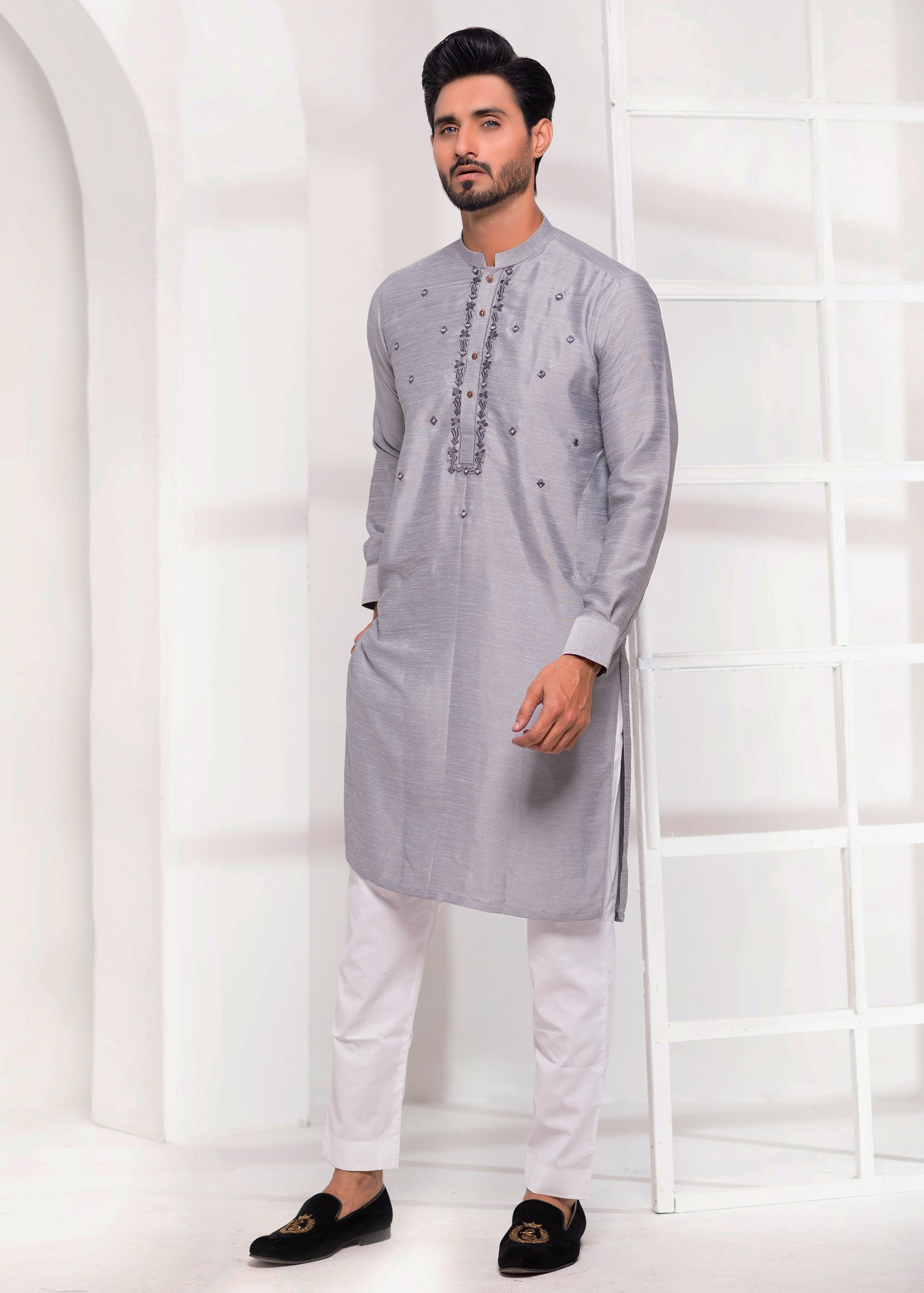 ER EMB 531 Grey Raw silk Mirror Embroidery Kurta Pajama